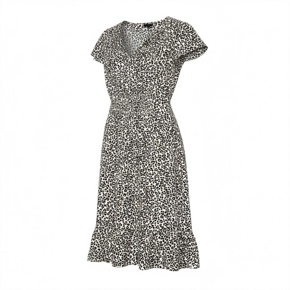 Talbots Petite 2P Leopard Print Midi Dress Ruffle Hem V Neck Lined Animal Print